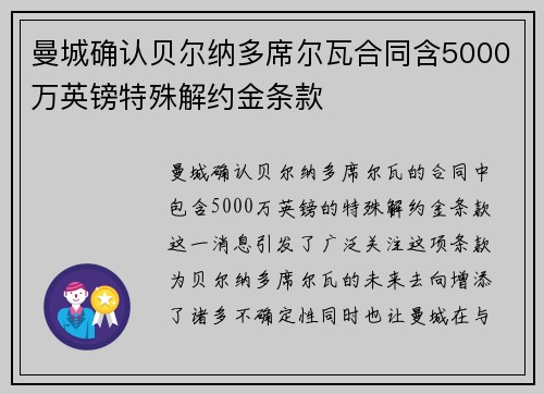 曼城确认贝尔纳多席尔瓦合同含5000万英镑特殊解约金条款