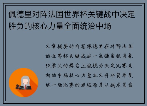 佩德里对阵法国世界杯关键战中决定胜负的核心力量全面统治中场