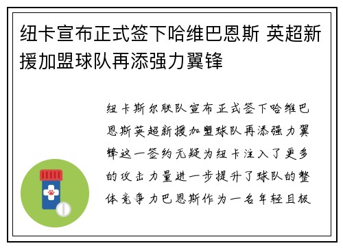 纽卡宣布正式签下哈维巴恩斯 英超新援加盟球队再添强力翼锋